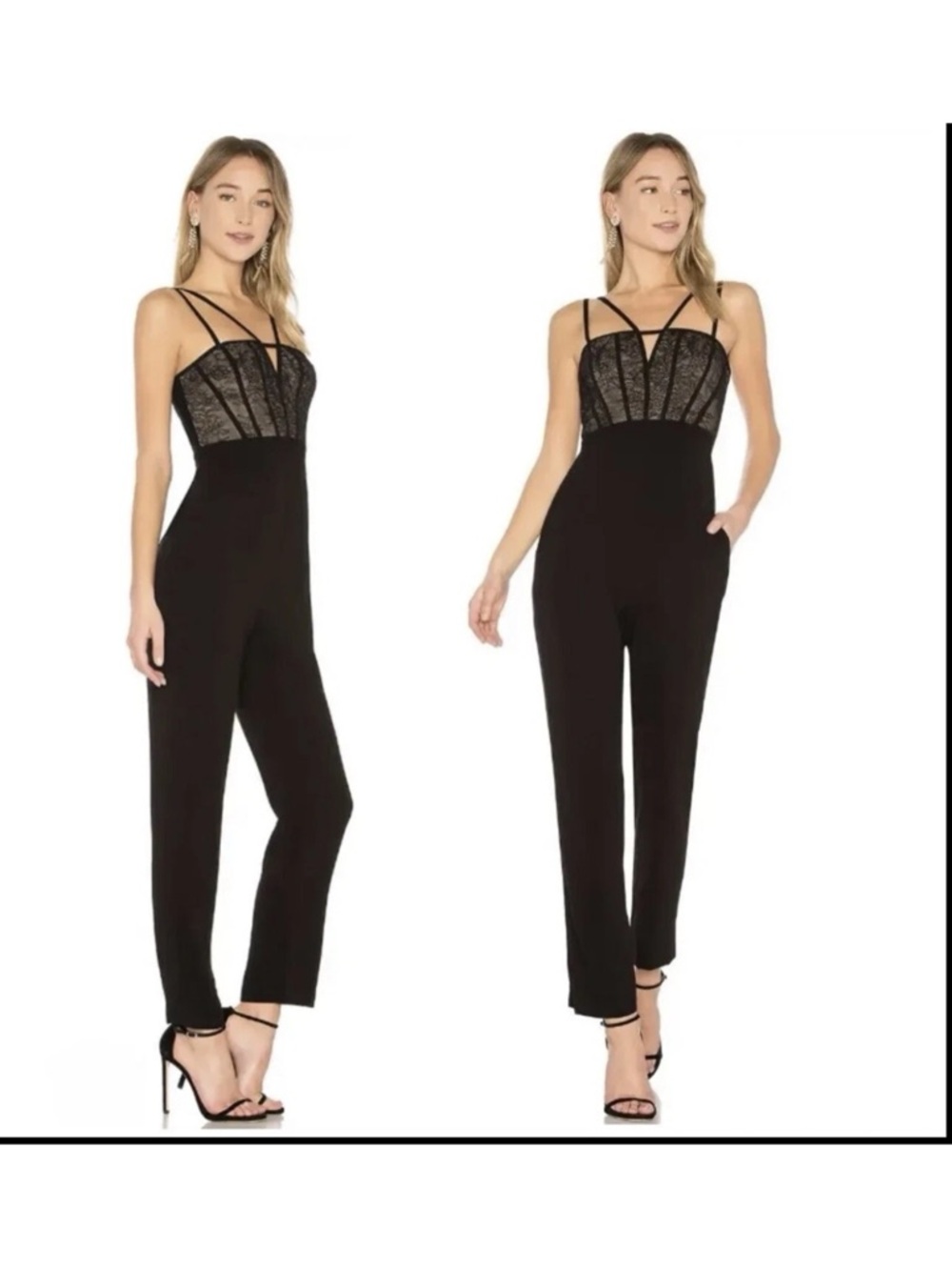 BCBGMaxAzria Black Lace-Top Strappy Jumpsuit